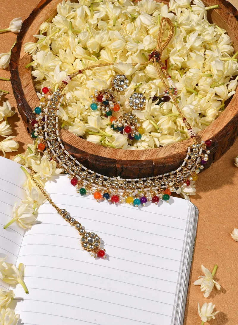 SOHI Gold Plated Designer Stone Beaded Necklace, Earrings and Maang Tikka Set