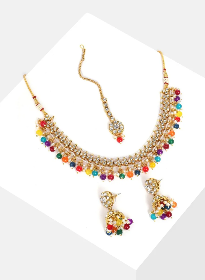 SOHI Gold Plated Designer Stone Beaded Necklace, Earrings and Maang Tikka Set