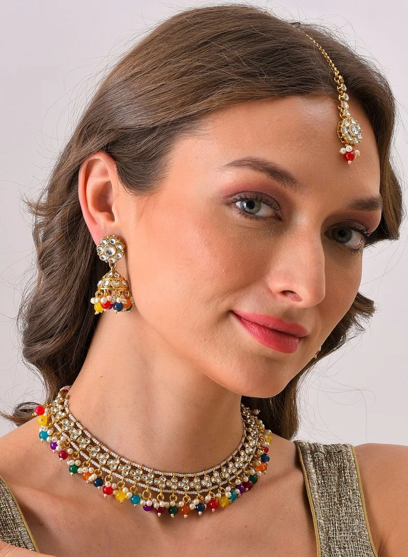 SOHI Gold Plated Designer Stone Beaded Necklace, Earrings and Maang Tikka Set
