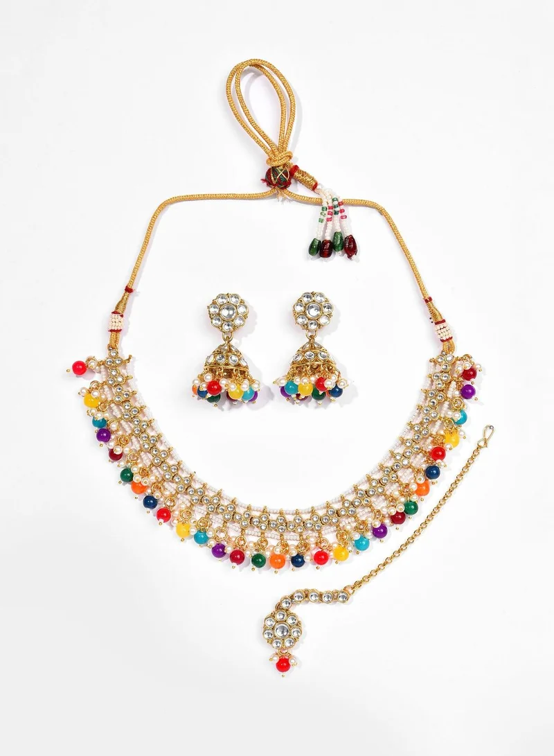 SOHI Gold Plated Designer Stone Beaded Necklace, Earrings and Maang Tikka Set