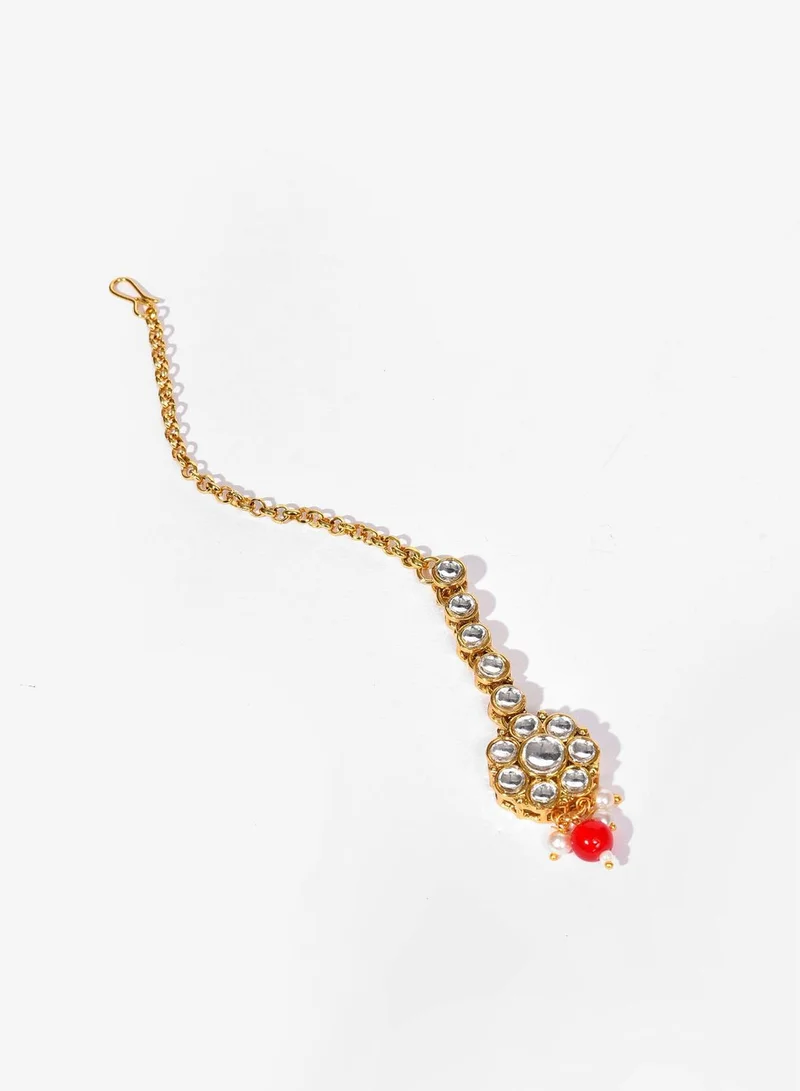 SOHI Gold Plated Designer Stone Beaded Necklace, Earrings and Maang Tikka Set