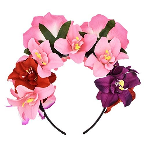 DreamLily Day of the Dead Headband Costume Rose Flower Crown Halloween Headpiece BC40 (Mexican Festival Crown Pink) - Image 2