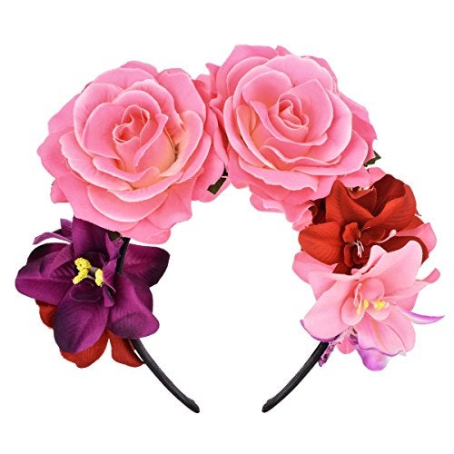 DreamLily Day of the Dead Headband Costume Rose Flower Crown Halloween Headpiece BC40 (Mexican Festival Crown Pink) - Image 1