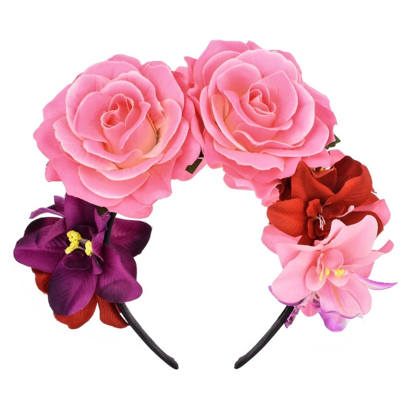 DreamLily Day of the Dead Headband Costume Rose Flower Crown Halloween Headpiece BC40 (Mexican Festival Crown Pink) - Image 4