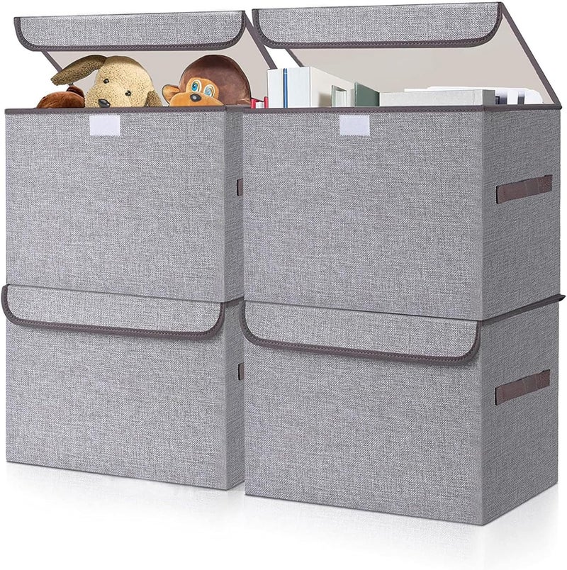 Bagnizer Large 22 Quart Linen Fabric Foldable Storage Bin Cube Organizer Basket with Flip-Top Lid & Handles, Clothes Blanket Box for Home, Office, Closet, Gray, 4 Pack 14.6 x 9.5 x 9.5â€ - Image 1