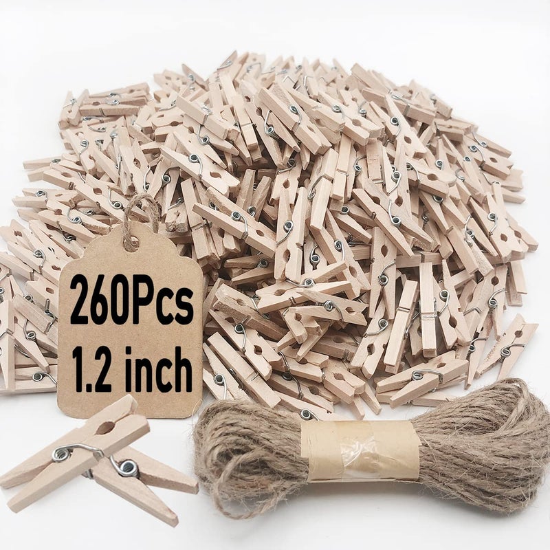 Wddeevoi Mini Clothes Pins, 260 PCS Small Wooden Clothes Pin with Jute Twine, Clothespins, Clothes Pins for Photos Crafts DIY Project - Image 1