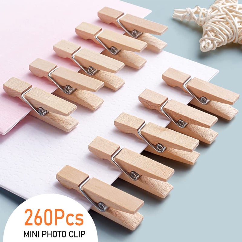Wddeevoi Mini Clothes Pins, 260 PCS Small Wooden Clothes Pin with Jute Twine, Clothespins, Clothes Pins for Photos Crafts DIY Project - Image 3