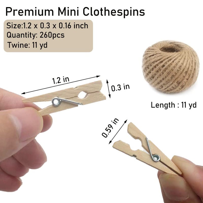 Wddeevoi Mini Clothes Pins, 260 PCS Small Wooden Clothes Pin with Jute Twine, Clothespins, Clothes Pins for Photos Crafts DIY Project - Image 4