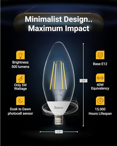 Sunco Lighting Sunco 10 Pack Dusk to Dawn LED Outdoor Light Bulb B11, Edison Filament Candelabra Bulbs for Porch Lighting, 500 LM, 5W (40W Equivalent), 3000K Warm White, E12 Base, Photocell Sensor UL - Image 3