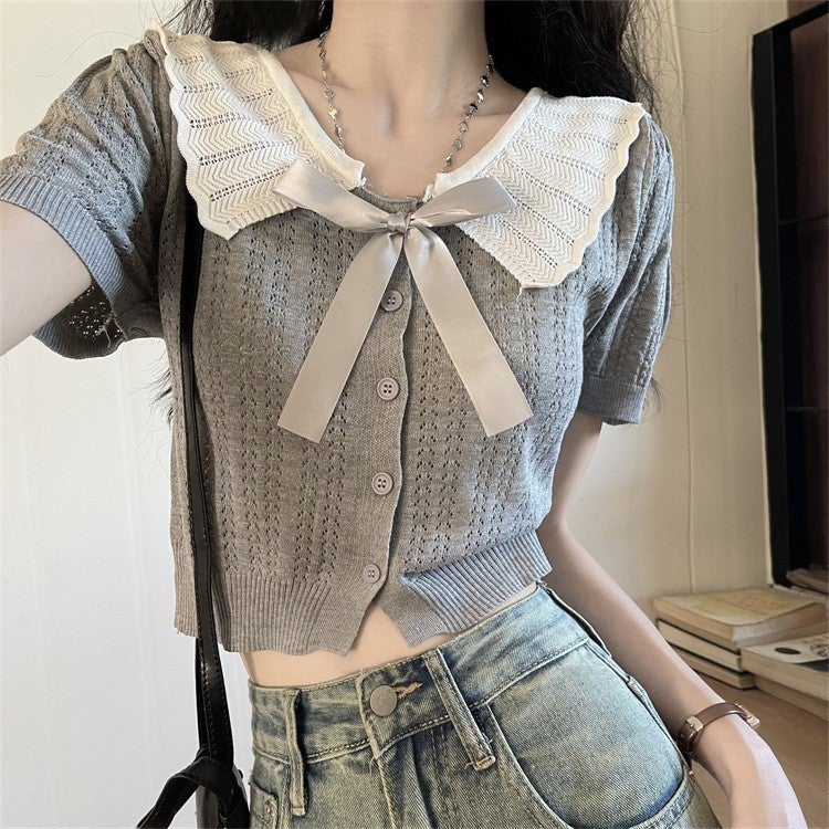 Baby Doll Collar Hollow Short-Sleeved Knitted Cardigan For Women Sweet Ear-Trimmed Lapel Short College Style Top - Image 1