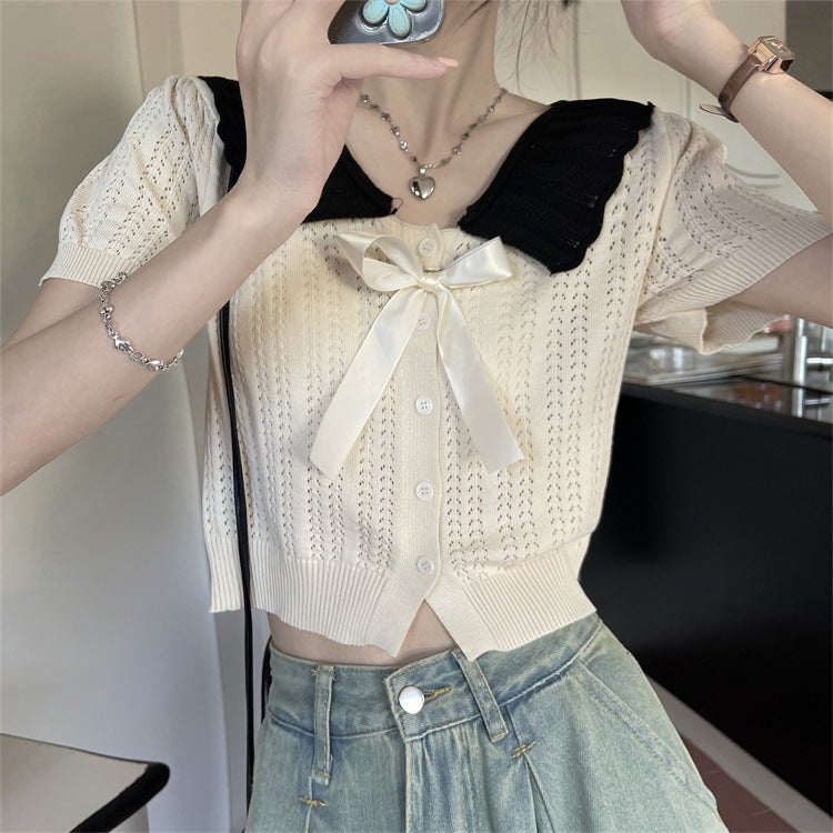 Baby Doll Collar Hollow Short-Sleeved Knitted Cardigan For Women Sweet Ear-Trimmed Lapel Short College Style Top - Image 2