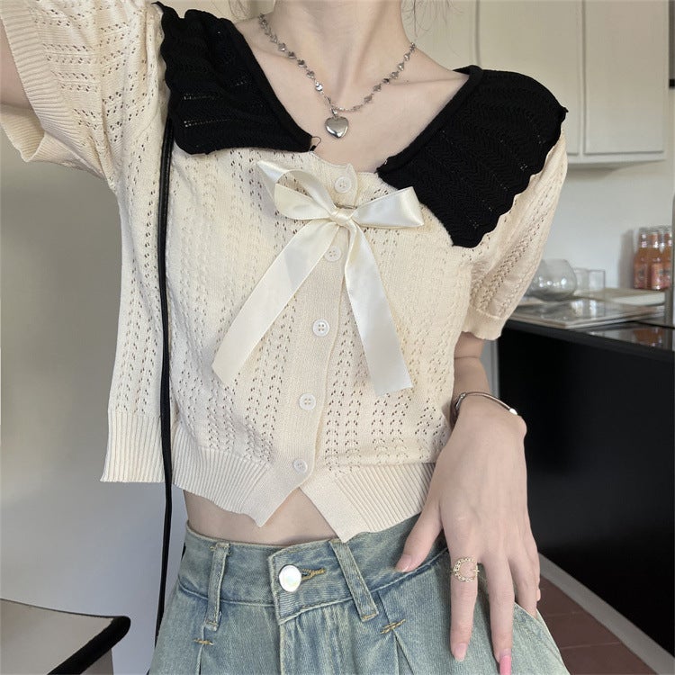 Baby Doll Collar Hollow Short-Sleeved Knitted Cardigan For Women Sweet Ear-Trimmed Lapel Short College Style Top - Image 5