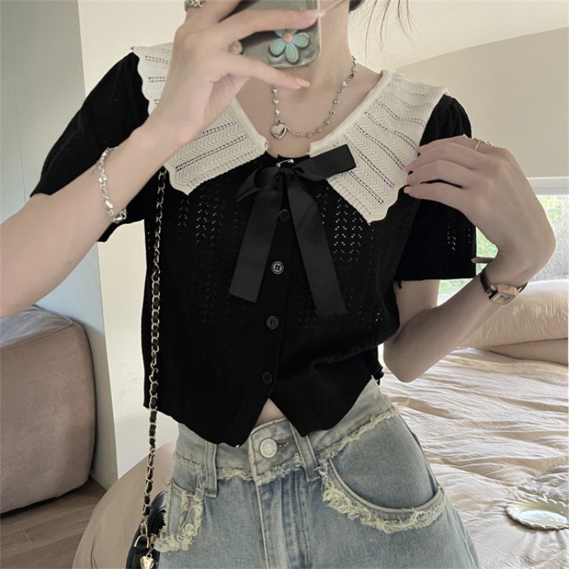 Baby Doll Collar Hollow Short-Sleeved Knitted Cardigan For Women Sweet Ear-Trimmed Lapel Short College Style Top - Image 4