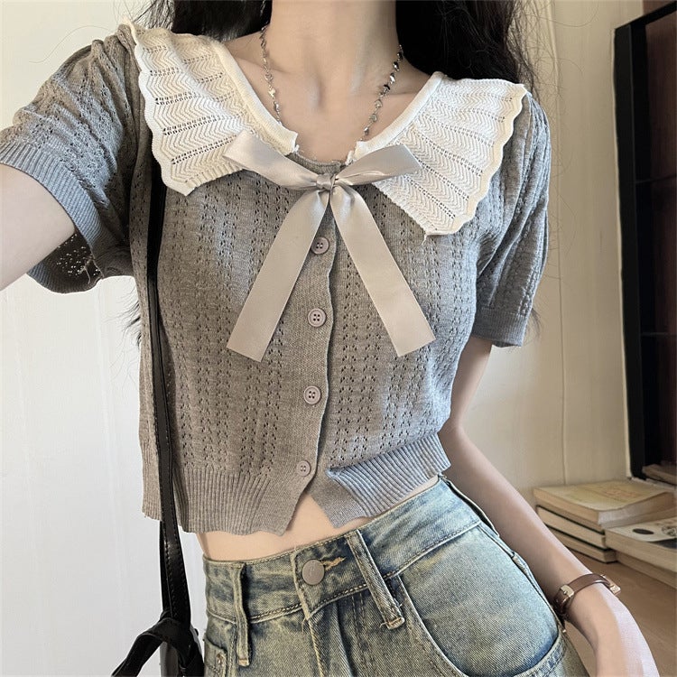 Baby Doll Collar Hollow Short-Sleeved Knitted Cardigan For Women Sweet Ear-Trimmed Lapel Short College Style Top - Image 3
