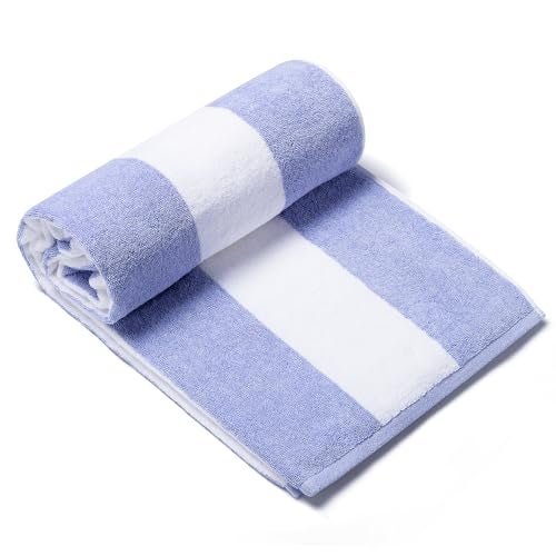 CLOWOOD Plush Oversized Beach Towel - Cotton 40 x 70 Inch Large Thick Blue Striped Cabana Pool Swimming Towel - Image 1