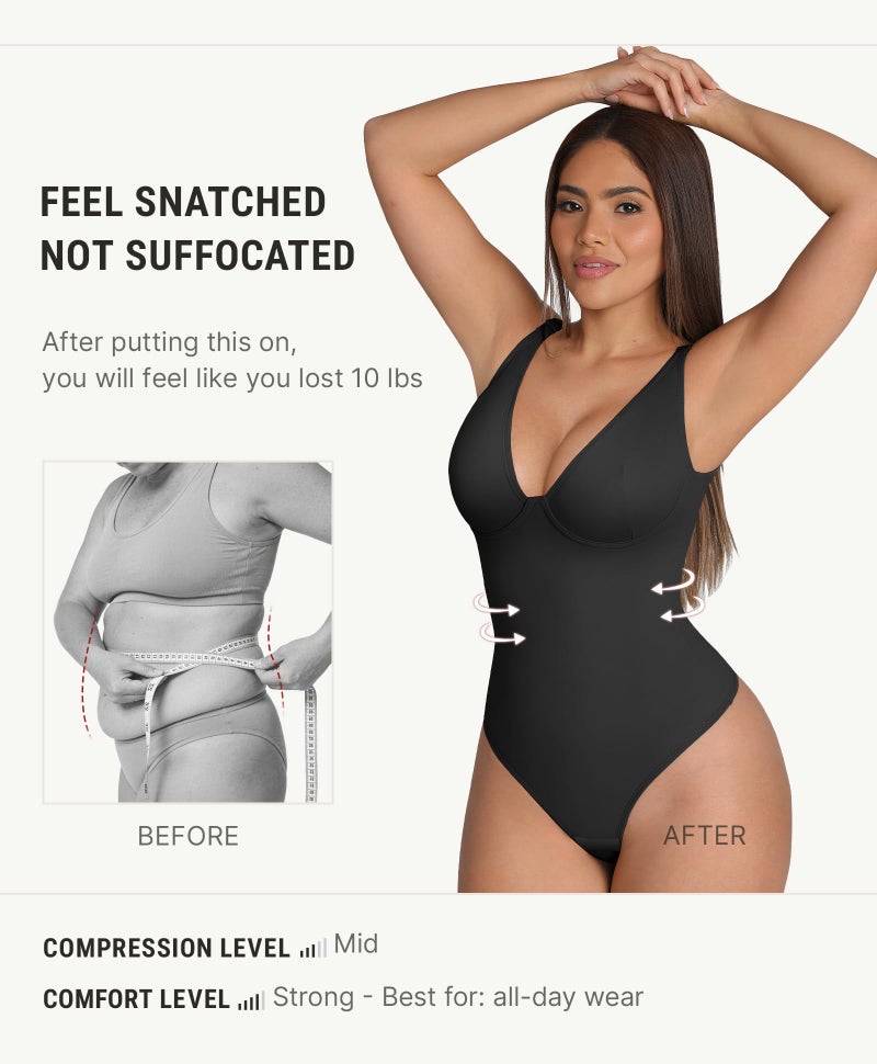 FeelinGirl Plus Size Bodysuits for Women Thong Shapewear Tummy Control Body Suits Deep V Neck Body Shaper, Black, XXL - Image 3