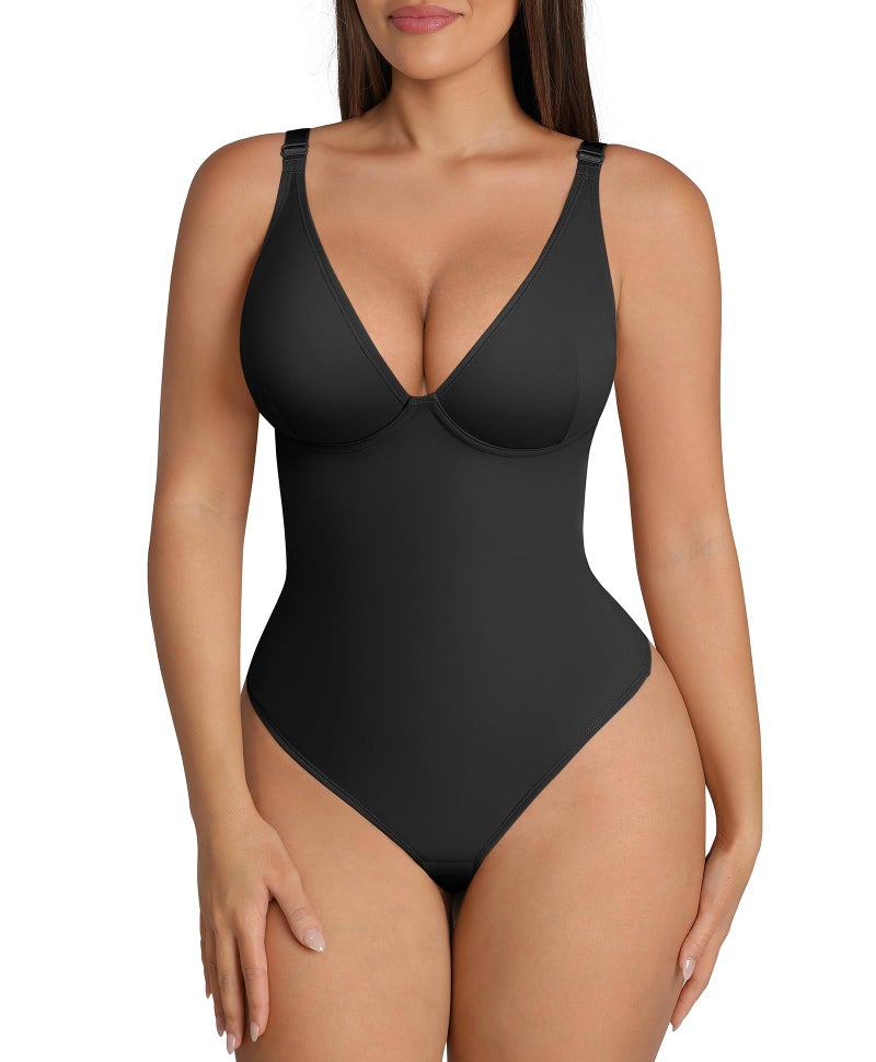 FeelinGirl Plus Size Bodysuits for Women Thong Shapewear Tummy Control Body Suits Deep V Neck Body Shaper, Black, XXL - Image 1