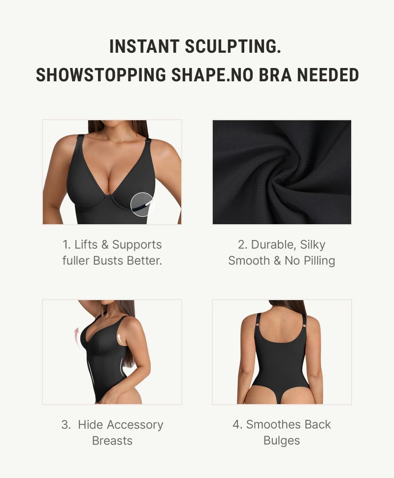 FeelinGirl Plus Size Bodysuits for Women Thong Shapewear Tummy Control Body Suits Deep V Neck Body Shaper, Black, XXL - Image 2