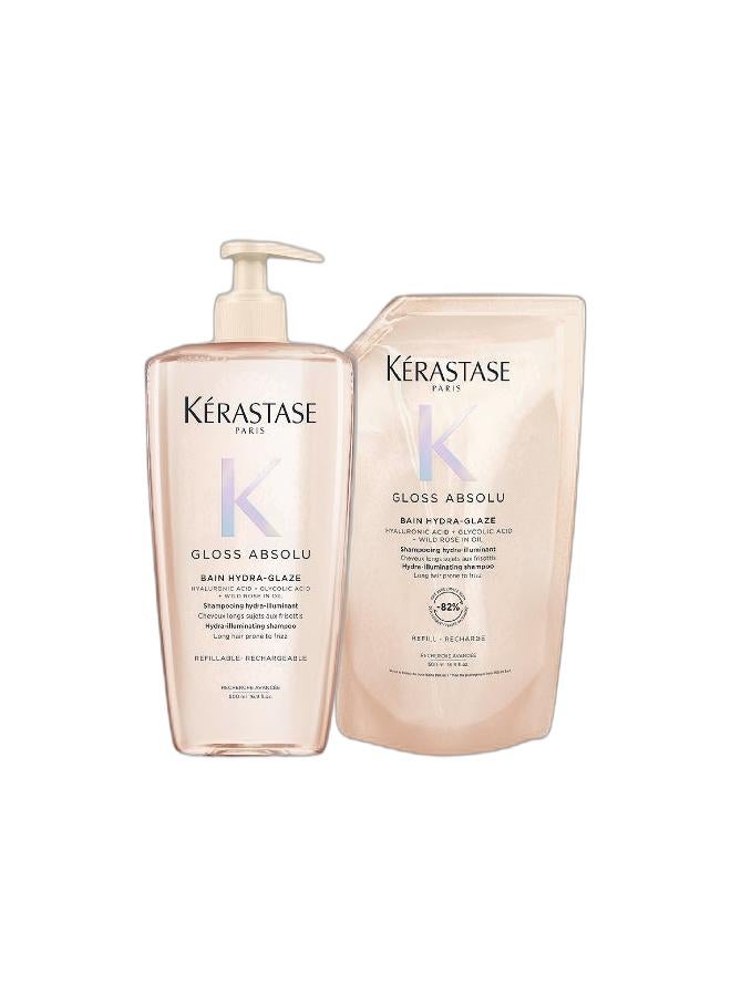 Kerastase Gloss Absolu Bain Hydra-Glaze Shampoo & Refill Pouch - Hydra-illuminating shampoo for long hair prone to frizz. 500ML + 500ml Refill Pouch - Image 1
