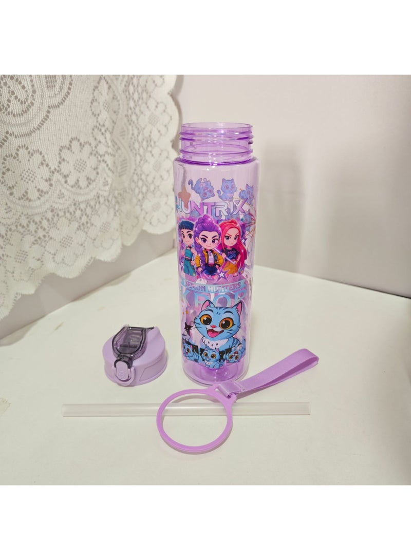 saykfoe Demon Hunters Style 27oz/800ml Purple Water Bottle, Cute Kawaii Cartoon Design Insulated Water Bottle with Straw & Handle, Reusable Drinking Bottle Gift for Teens Girls - Image 2