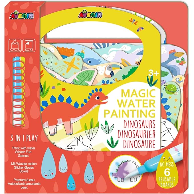 Avenir Magic Water Painting - Dinosaur | 6 Reusable Coloring Surfaces, 2 Sheets of Repositionable Stickers, and Refillable Water Pen, Easy to Carry | Kids 3+
