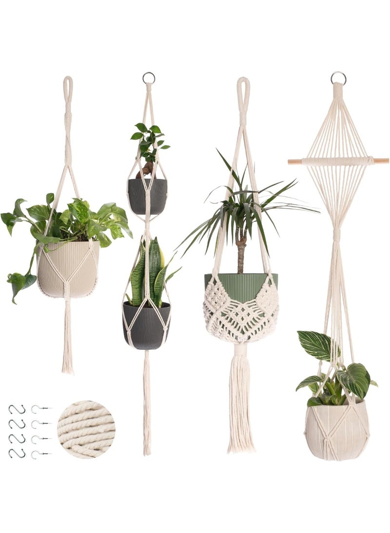 WALALLA 4 Pack Macrame Plant Hangers with 8 Hooks, Boho Hanging Planters for Indoor Outdoor Plants, Handwoven Cotton Rope Plant Holder Set Fits Up to 10 Inch Pots, Decorative Ceiling Wall Balcony Window Home Decor, Cream - Image 1