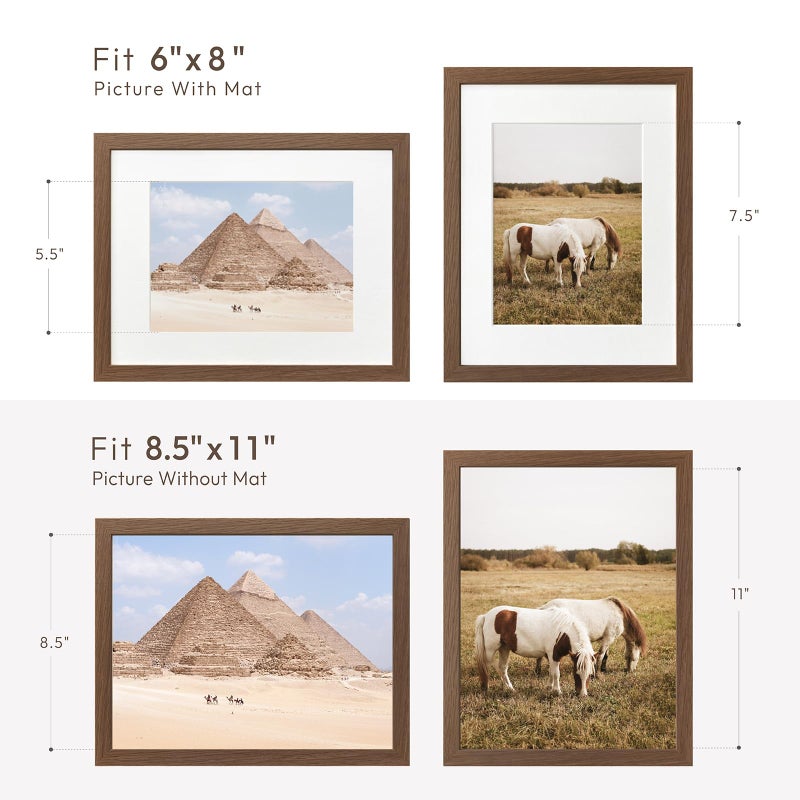 wallwisy 8.5x11 Picture Frame, Solid Oak Wood 8.5 by 11 Picture Frame with Mat to 6x8(Openning Size is 5.5x7.5), 11x8.5 Natural Oak Frames for Wall and Tabletop Display, (Walnut Set of 1) - Image 3