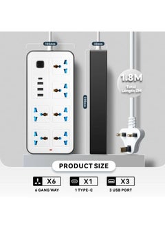 GKK Universal Extension Lead with Multiple Function UK Plug 3 Pin Socket Outlet with 6 Power Strip Gang 3 USB Port 1 Type-C Port 2 Meter Electric Socket Mains Strip for Home Kitchen and Office White  - Image 3