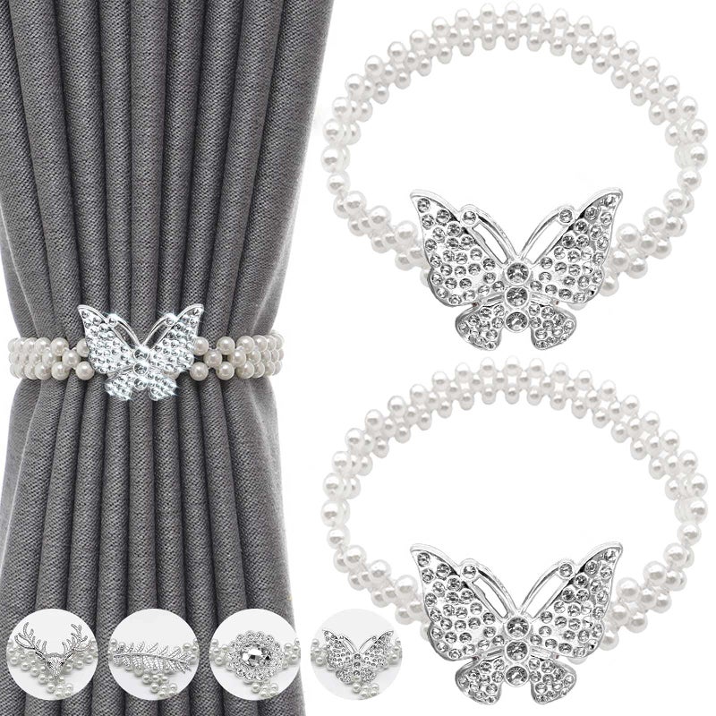 IAGORYUE Curtain Tie backs 2 Pcs Metal TieBacks with Classy Small Pearl Elastic Rope Curtains Hold Holdbacks for Home Office Hotel Window Drape Deco NoInstallDrillHooksMagnetic Silver Butterfly