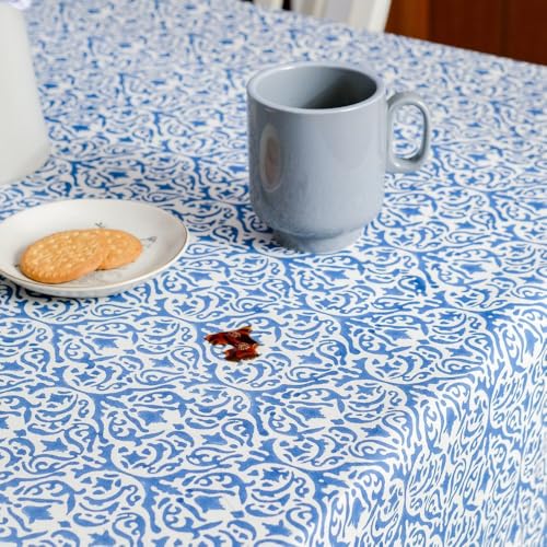 THE YARD HOUSE Wipeable & Anti-slip Hand Block Printed Cotton Table Cover - Whispers of The Sea (Rectangle 6 Seater, 150cm X 225cm) - Protects Against Spills & Scratches | Family Dining, Party,Gifting - Image 5