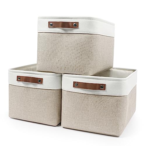 Bagnizer Storage Bins Large Fabric Storage Baskets for Shelves 3 Pack, Decorative Linen Closet Baskets with Handles for Organizing, Shelf, Clothes, Home, Office, 15x11x9.5Inches (Beige&White) - Image 1