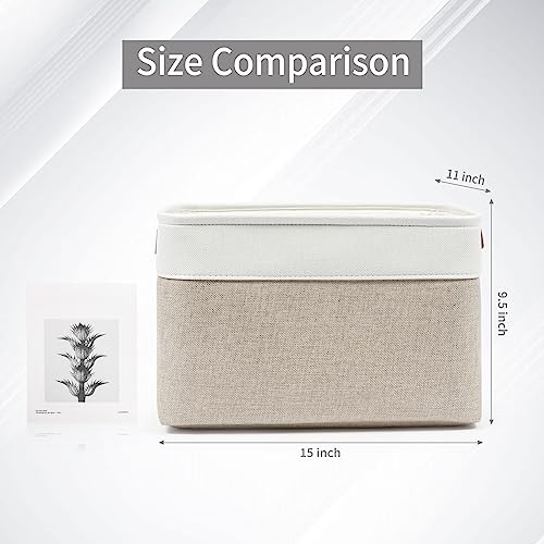 Bagnizer Storage Bins Large Fabric Storage Baskets for Shelves 3 Pack, Decorative Linen Closet Baskets with Handles for Organizing, Shelf, Clothes, Home, Office, 15x11x9.5Inches (Beige&White) - Image 3