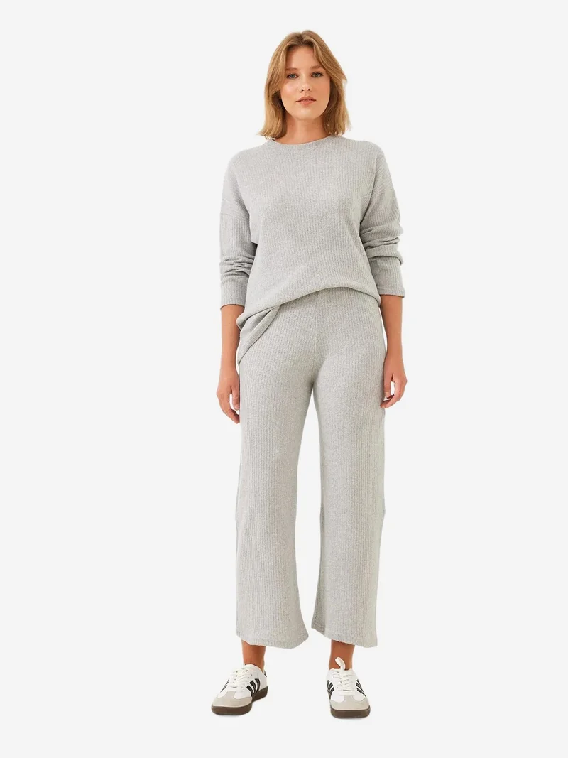 Bianco Lucci Grey LUCCI Ribbed Textured Crew Neck Sweater and Pants Set for Women | Best Price UAE