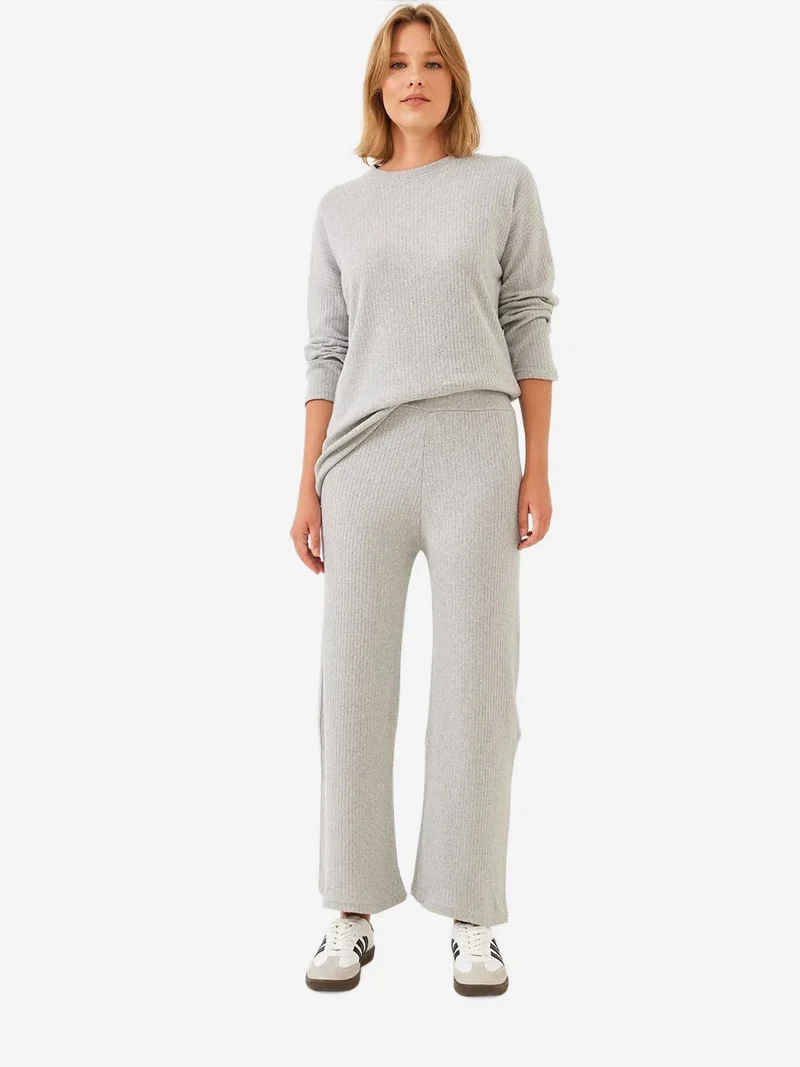 Bianco Lucci Grey LUCCI Ribbed Textured Crew Neck Sweater and Pants Set for Women | Best Price UAE