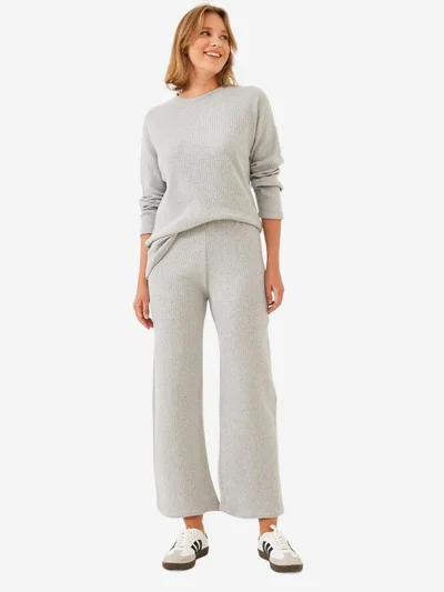 Bianco Lucci LUCCI Ribbed Textured Crew Neck Sweater and Pants Set
