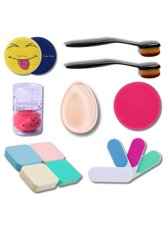 Out Of Box 11-Piece Beauty Tool Combo - Includes 2 Oval Makeup Blush Brushes, 1 Emoji Puff, 1 Blender, 1 Silicone Blender 2-in-1, 1 Big Puff, 4 Makeup Sponges, 1 Nail File 4-in-1
