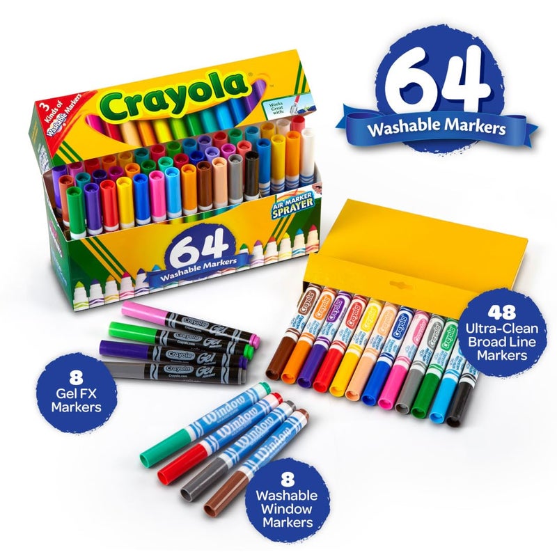 Crayola Washable Broad Line Marker Variety Set (64ct), Christmas Gifts for Grandkids, Toddlers & Kids, Ultra-Clean, Window, & Gel FX Markers for Kids, 3+ - Image 3