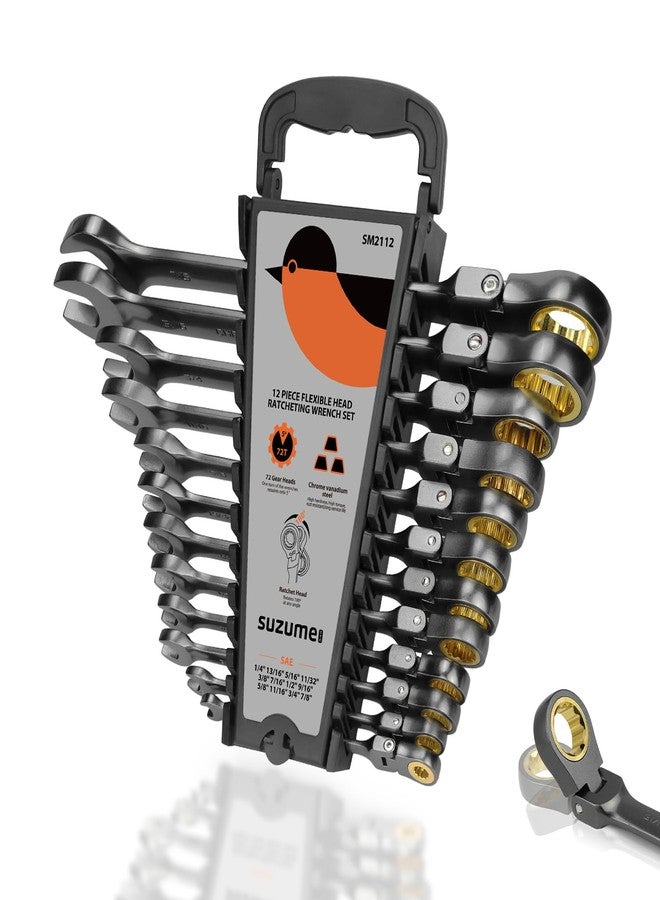 SUZUME 𝐒𝐔𝐙𝐔𝐌𝐄 Flex Head Ratcheting Wrench Set - 72 Teeth - 5° Swing -12 Piece -Ratchet Wrench Set, Black Nickel Coating - Rust-Resistant SAE Wrench Set- For Bicycles, Cars, Motorcycles - Image 1