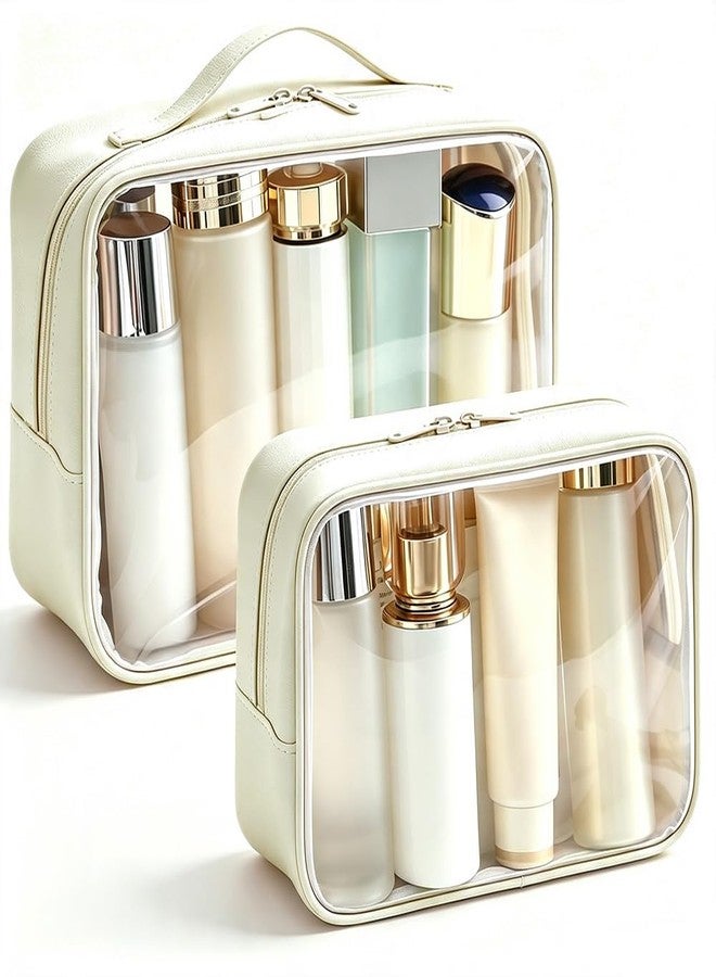 2 Pcs Clear Makeup Bag Set, Capacity Travel Toiletry Bag with Handle Carry on Travel Accessories Bag Water-resistant Travel Essentials Organizer Cosmetic Skincare Pouch Car Organizer Bag (Beige Set) - Image 1