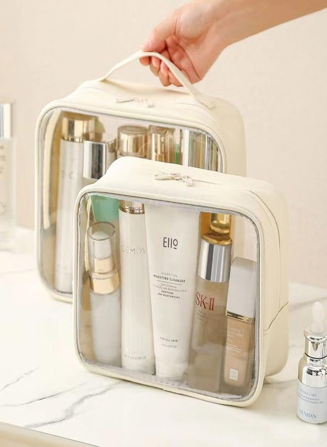 2 Pcs Clear Makeup Bag Set, Capacity Travel Toiletry Bag with Handle Carry on Travel Accessories Bag Water-resistant Travel Essentials Organizer Cosmetic Skincare Pouch Car Organizer Bag (Beige Set) - Image 3