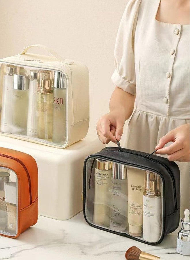 2 Pcs Clear Makeup Bag Set, Capacity Travel Toiletry Bag with Handle Carry on Travel Accessories Bag Water-resistant Travel Essentials Organizer Cosmetic Skincare Pouch Car Organizer Bag (Beige Set) - Image 2