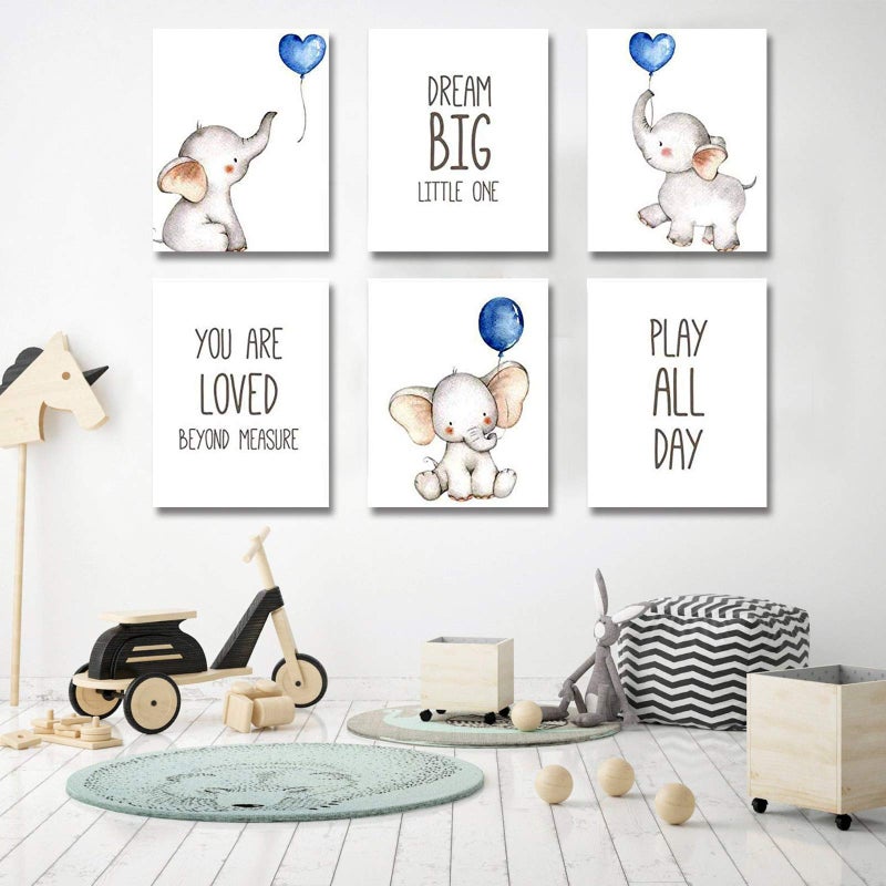 iMagitek Set of 6 Unframed Baby Boy Wall Art Prints, Blue Elephant Wall Decor with Balloons for Boy's Room (8" x 10") - Image 2