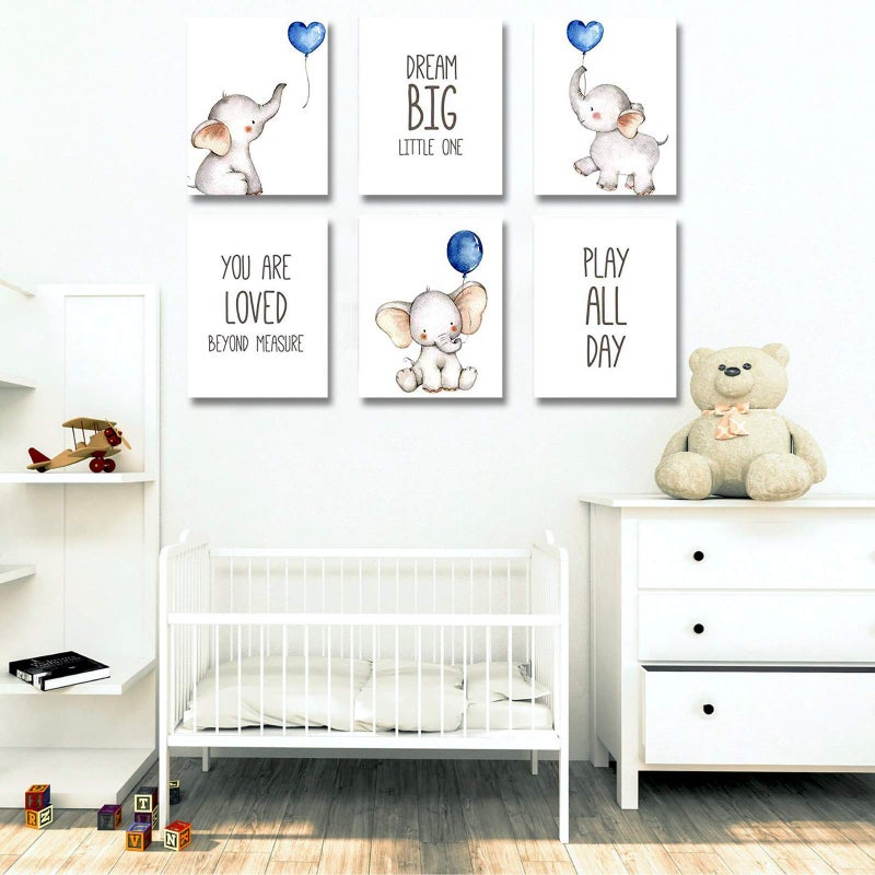 iMagitek Set of 6 Unframed Baby Boy Wall Art Prints, Blue Elephant Wall Decor with Balloons for Boy's Room (8" x 10") - Image 4