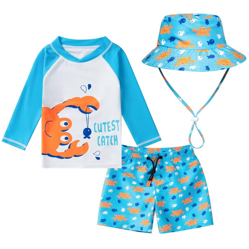 HDOBHIO Toddler and Baby Boys' 3-Piece Swimsuit Trunk Rashguard Set Sun Hat Swimwear Bathing Suit Sunsuit Swim Shirt Set Crab 18-24 Months - Image 5