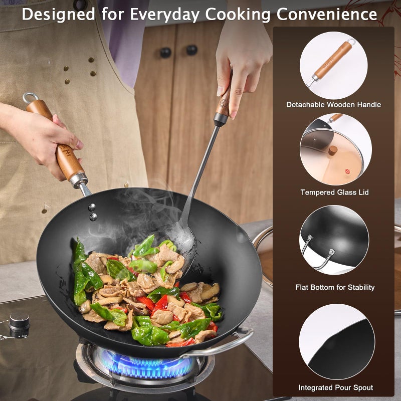 WANGYUANJI Iron Wok,12.59 inch Woks for Stir-fry, Chinese Stir Fry Pan Uncoated, Traditional Flat Bottom Iron Pot for Induction, Electric, Gas, Suitable for All Stoves(Pure Iron Wok) - Image 4