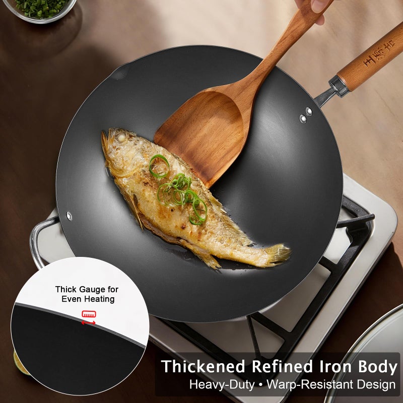 WANGYUANJI Iron Wok,12.59 inch Woks for Stir-fry, Chinese Stir Fry Pan Uncoated, Traditional Flat Bottom Iron Pot for Induction, Electric, Gas, Suitable for All Stoves(Pure Iron Wok) - Image 3