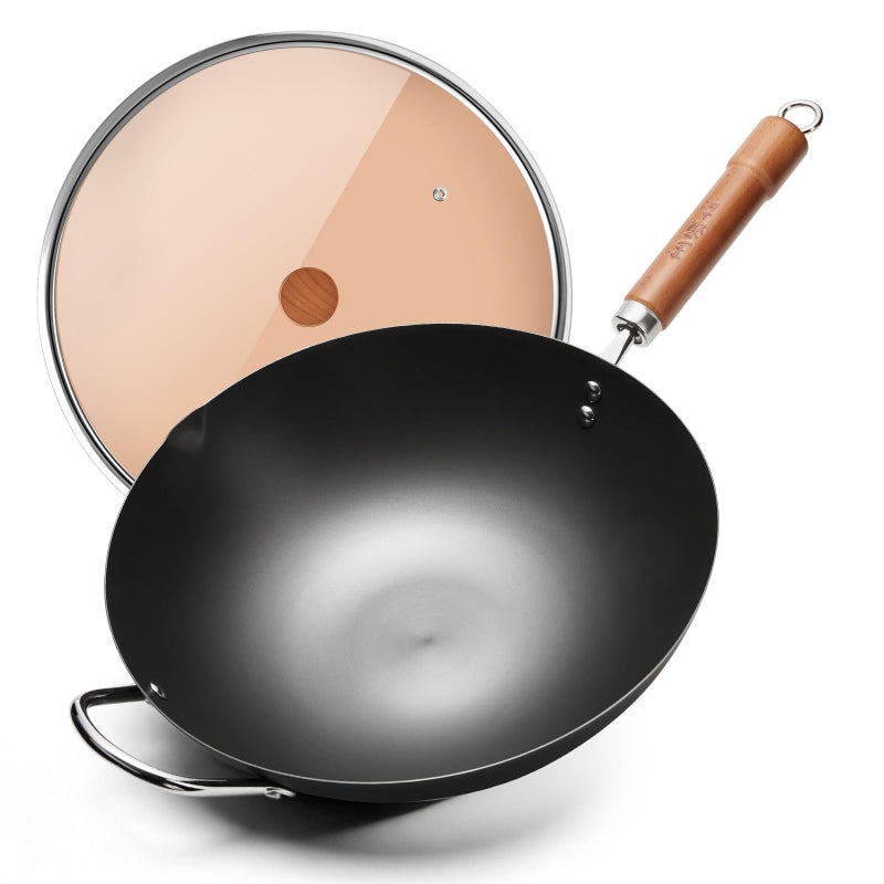 WANGYUANJI Iron Wok,12.59 inch Woks for Stir-fry, Chinese Stir Fry Pan Uncoated, Traditional Flat Bottom Iron Pot for Induction, Electric, Gas, Suitable for All Stoves(Pure Iron Wok) - Image 1