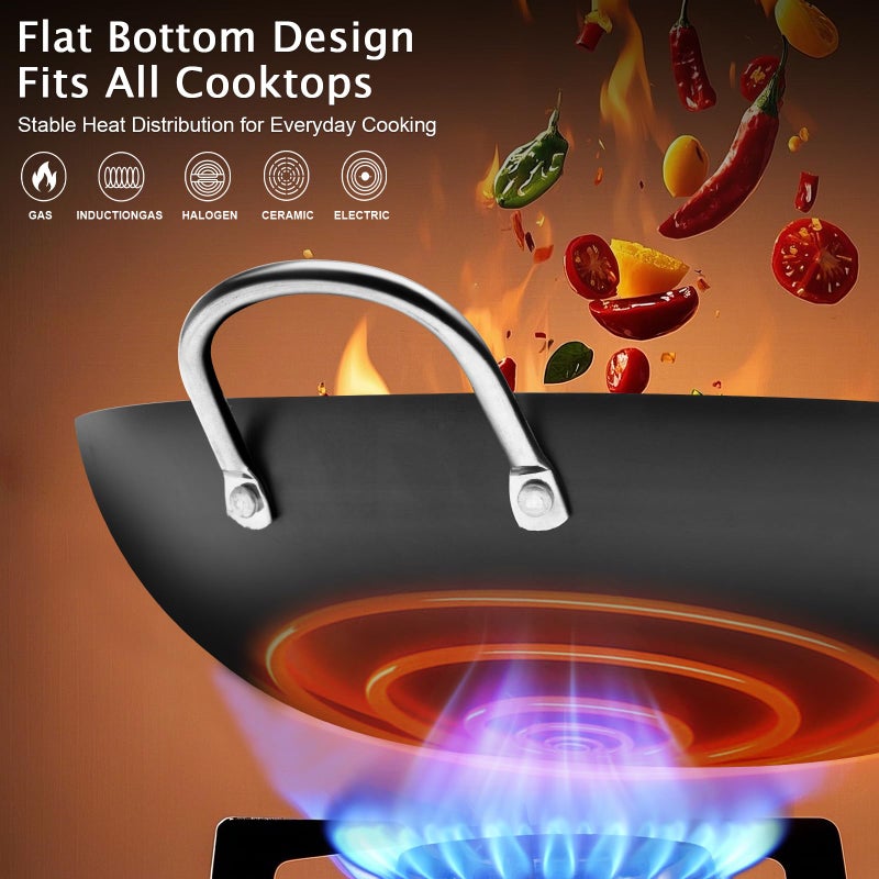WANGYUANJI Iron Wok,12.59 inch Woks for Stir-fry, Chinese Stir Fry Pan Uncoated, Traditional Flat Bottom Iron Pot for Induction, Electric, Gas, Suitable for All Stoves(Pure Iron Wok) - Image 5
