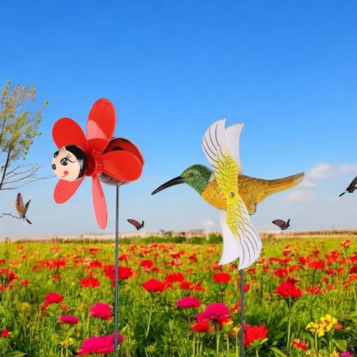 Chocozone Pack of 4 Garden Decor 3D Pinwheels Animal Insects Wind Spinners Outdoor Pinwheels for Garden Rotating Whirlygigs Landscape Decorations (Set 2) - Image 2