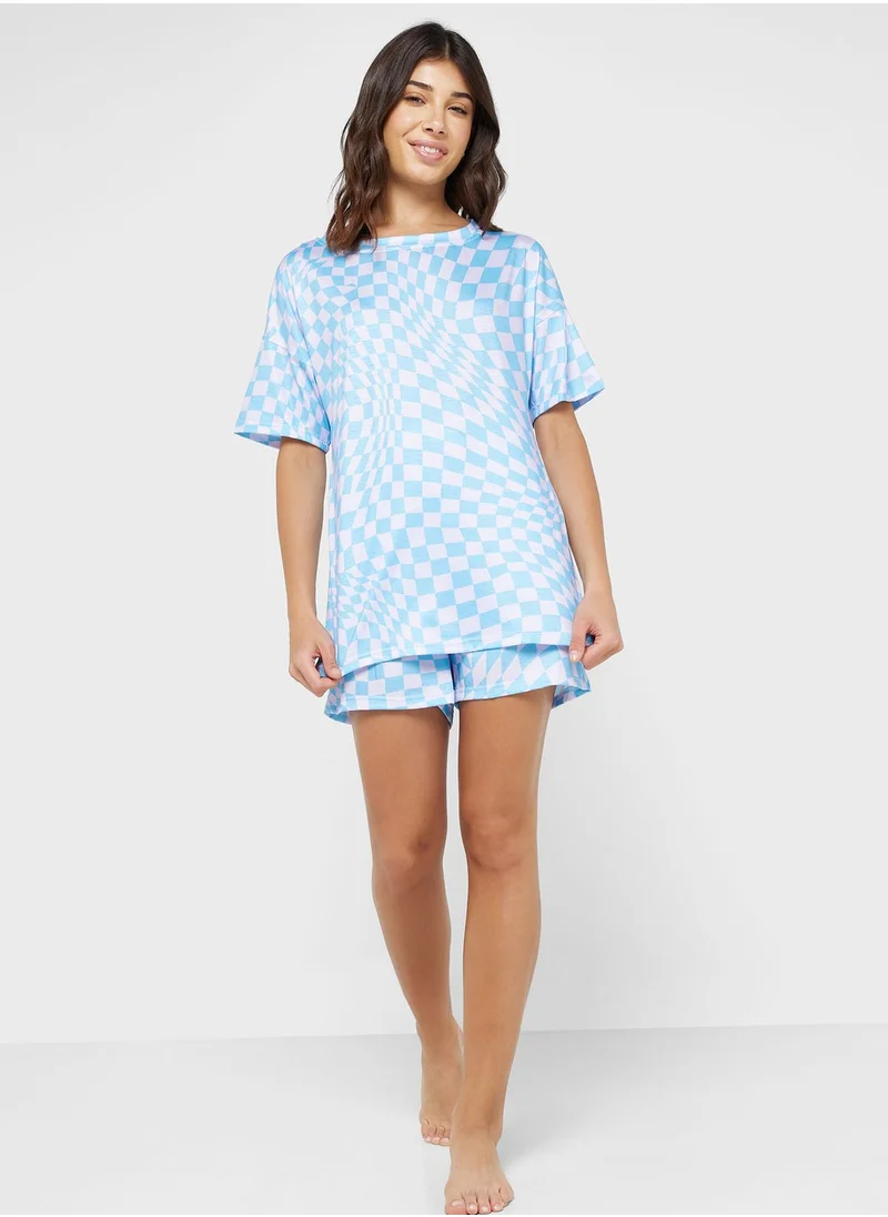 جينجر Checkered Print T-shirt & Short Set